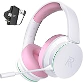 RYR Wireless Gaming Headsets, Bluetooth 5.3, 3D Surround Sound, Rotatable Earmuffs, Gaming Headphones with Noise Canceling Microphones for Xbox Series X|S, Xbox One, PS5, PS4, Mac-Pinkwhite
