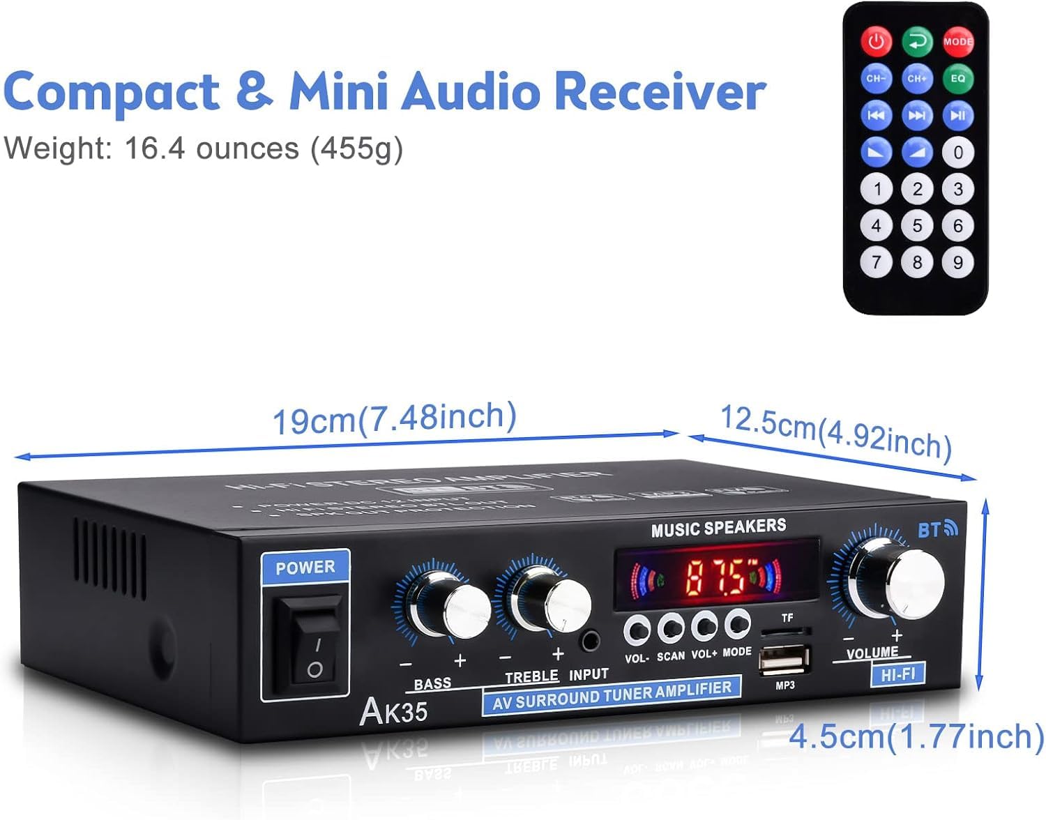 AK35 Home Audio Amplifier Receiver, 200W Home Dual Channel Bluetooth 5.0 Sound Speaker AMP, Home Amplifiers FM Radio/USB/SD/Card w/Remote Control Home Theater Audio Stereo System Components