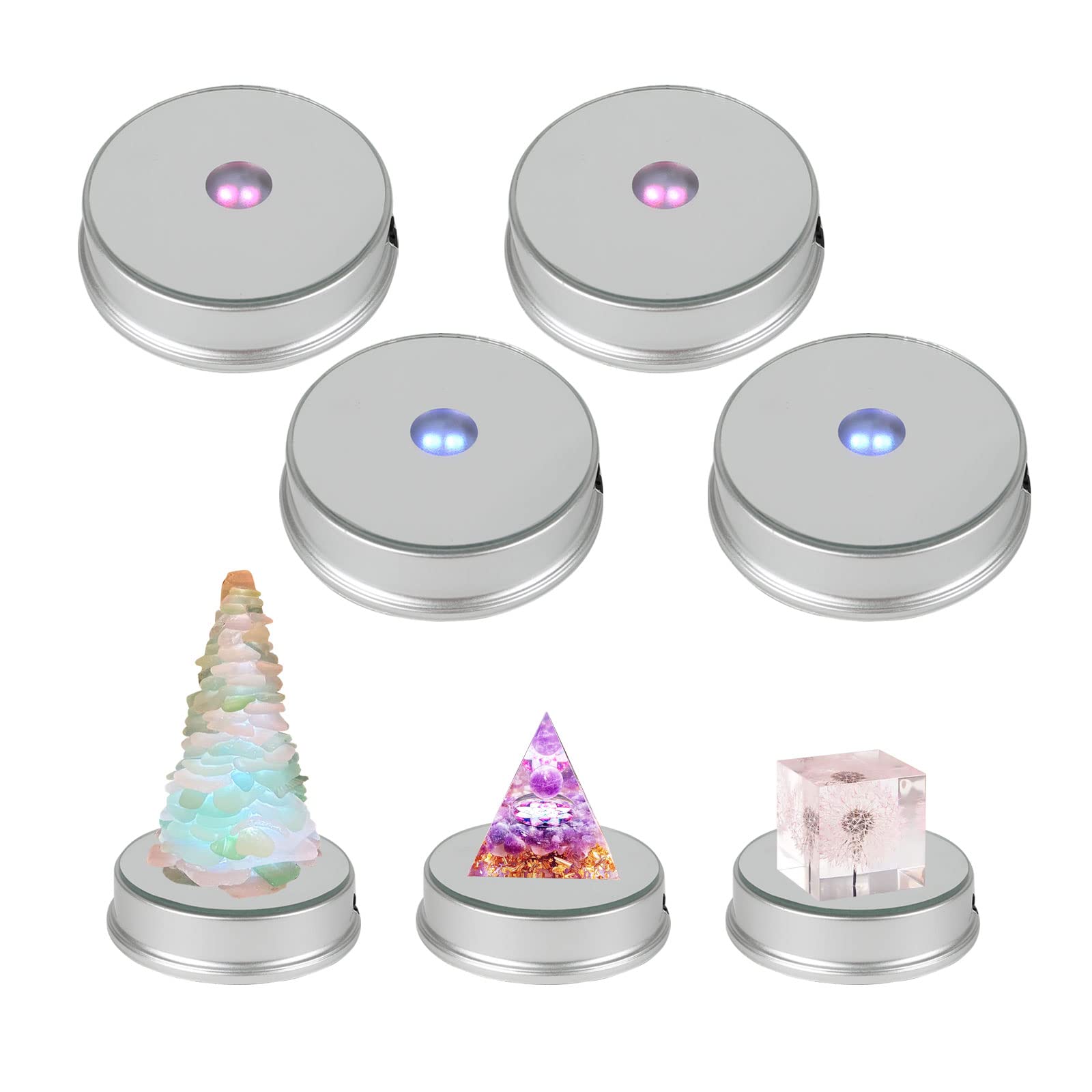 YWNYT LED Display Base, Round Colorful LED Light Dispaly Base Crystal Display Base Stand Art Figurine Decoration Light Stand Base for Crystal Ball Jewelry (Silver,4PCS)