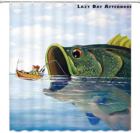 Funny Fishing Shower Curtain Cartoon Fisherman And Fish Crazy