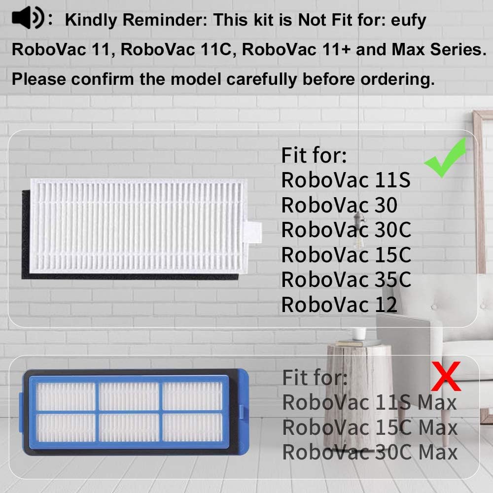 Replacement Parts Kit for Eufy RoboVac 11S, RoboVac 30, RoboVac 30C, RoboVac 15C, RoboVac 12, RoboVac 35C, Robotic Accessories, 8 Filters, 8 Side Brushes, 1 Main Brush, 1 Pre Filter, 1 Rolling Brush Guard -