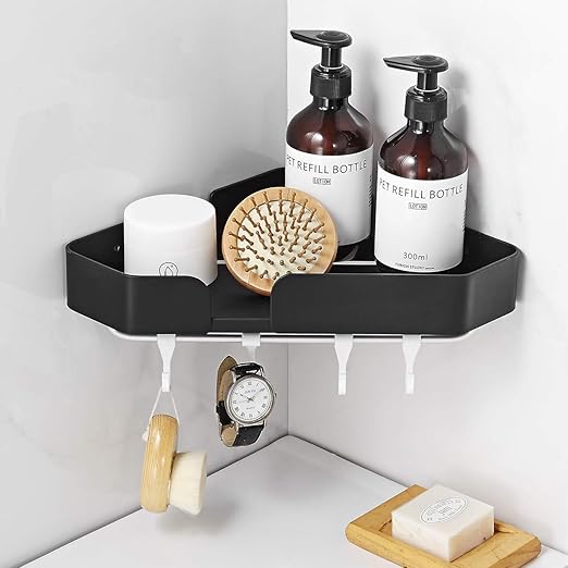 VOLPONE Corner Shower Caddy with Removable Hooks Suction Shower Shelf Rust Proof