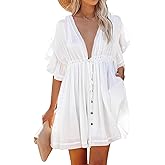 Beautiful Nomad Women's Summer Beachwear Cover Up V Neck Ruffle Short Sleeve Pleated Boho Swimwear Dress