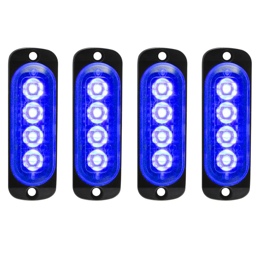 Yifengshun 4Pcs 4LED Ultra Slim Emergency Warning Hazard Flashing Light,Blue Strobe Caution Light Bar, Sync Feature Grille Lights Flashing Beacon Light Bar for Car Vehicle Truck 12-24V