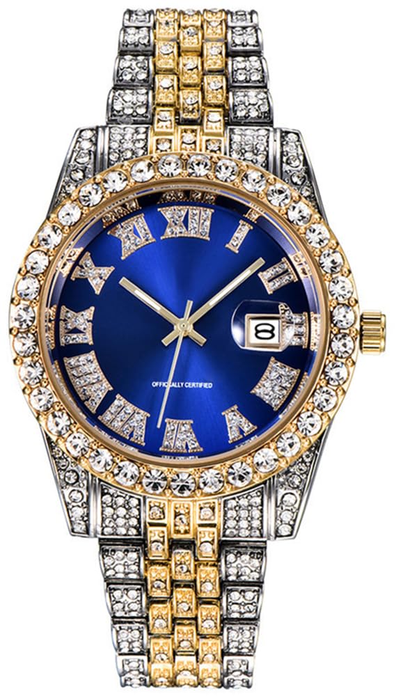 HUNRUY Hip Hop Watches for Men Iced-Out Bling Diamond Luxury Quartz Watches with Date, 40mm Blue, Fashion