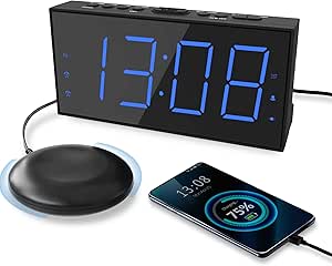 Extra Loud Alarm Clock with Bed Shaker, Vibrating Alarm Clock for Heavy Sleepers Hearing Impaired Deaf Teens, Dual Alarm Clock with 7.5’’ Large Display, USB Charger, Dimmer, Snooze &amp; Battery Backup