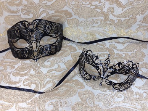 His & Hers Masquerade Couples Venetian Design Masks - 2 Piece Black Colored Set Metal Mask - Perfect Extravagant Couple Mardi Gras Queen Party Halloween Ball Prom by BK