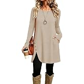 Poetsky Womens Tops Tunic Long Sleeve O Neck Buttons Shirts Split Flare Top | Long Tunic Tops Side Splits,Plus Size Buttons Flare Blouses,Fall Dress for Leggings with Pockets,Lightweight Oversized Shirts
