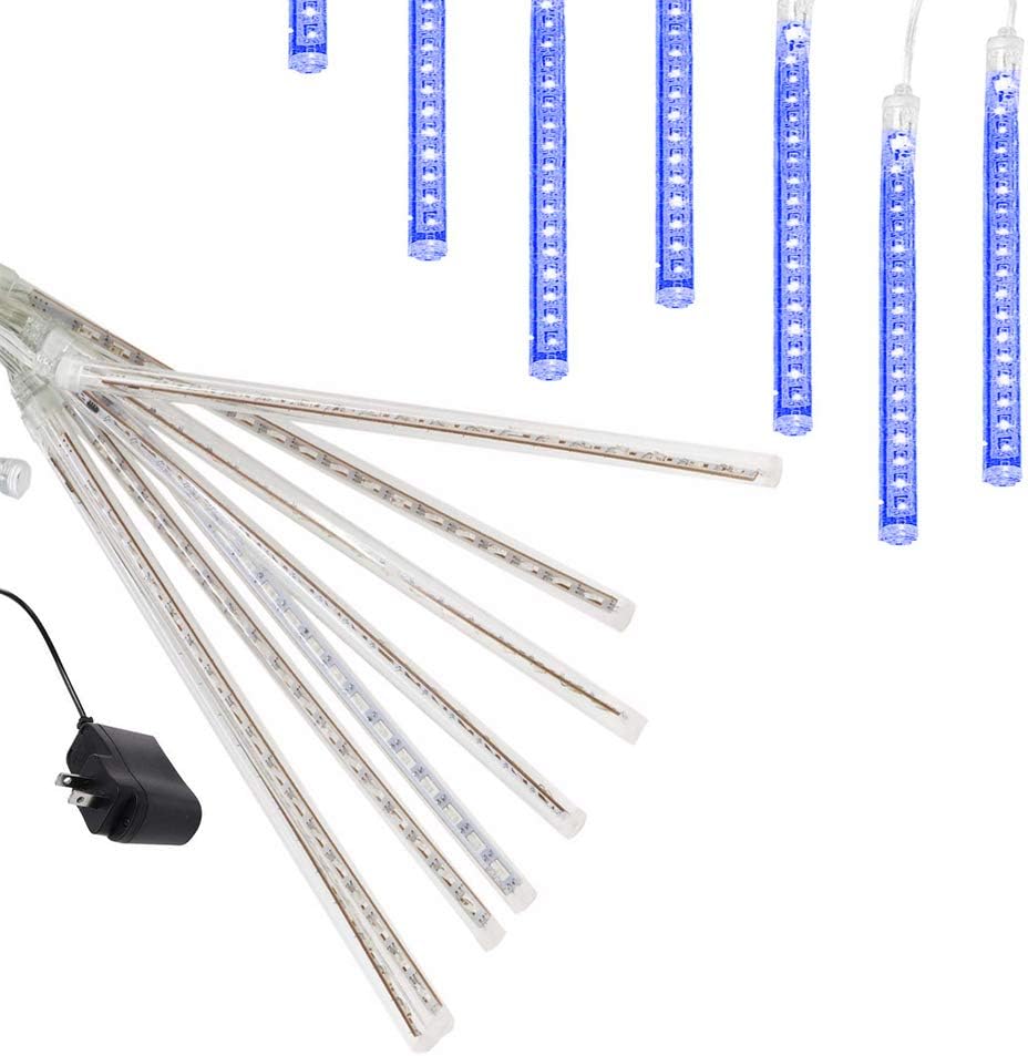 guaiboshi Meteor Shower Lights, LED Falling Rain Lights 11.8 inch 8 Tubes 192leds Outdoor Christmas Icicle Lights Waterproof Raindrop Cascading Light for Party Wedding Garden Xmas Tree Holiday, Blue