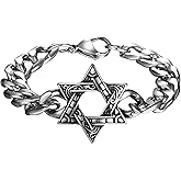 Aroncent Mens Star of David Bracelet: Stainless Steel Cuban Chain Jewish Star Jewelry - Religious Amulet Gift