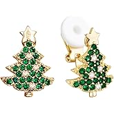 SELOVO Green Christmas Tree Shape Women Clip on Earrings Stud Green Crystal Gold Tone