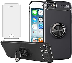 Phone Case for iPhone 6 6s with Tempered Glass Screen Protector Cover and Ring Holder Stand Kickstand Cell Accessories iPhone6 i6 S iPhone6s iPhine6s iPhones6s i Phone6s Phone6 6a S6 Cases Black