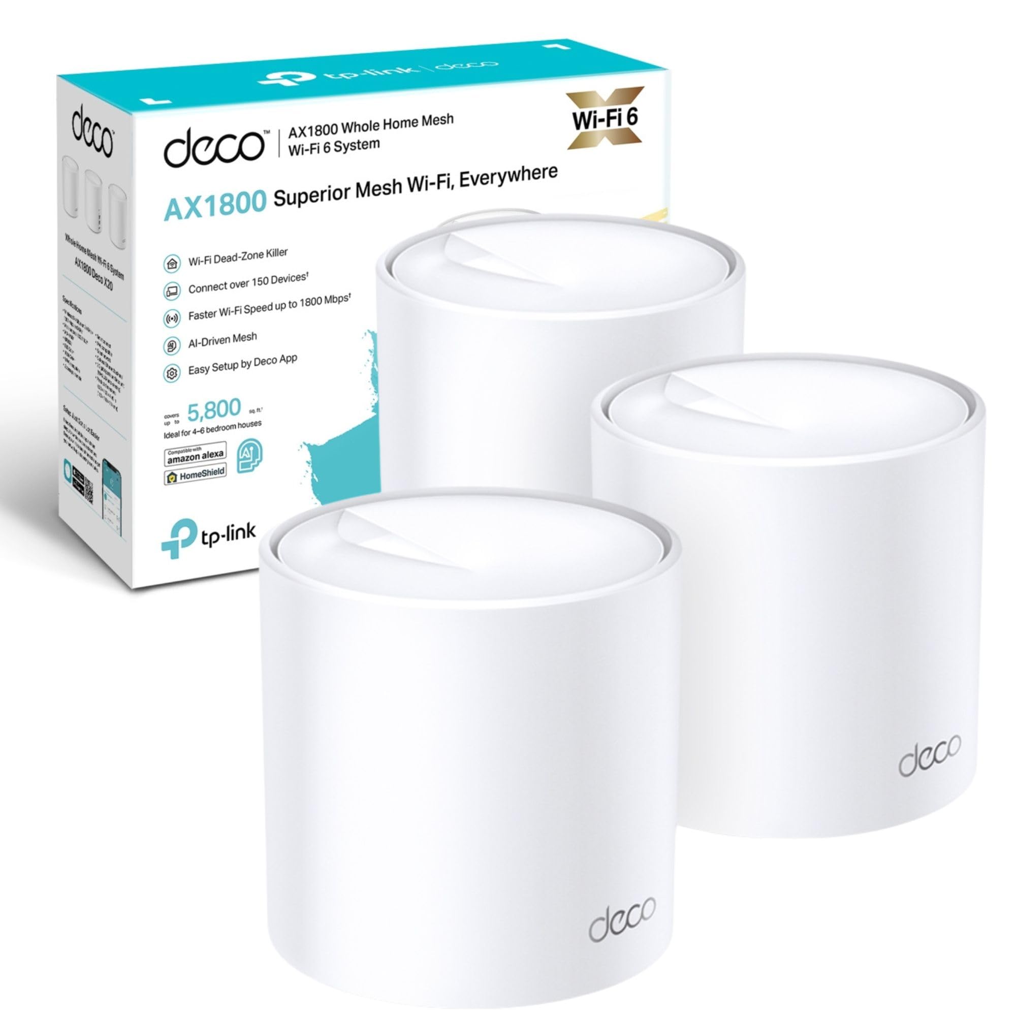 TP-Link Deco X20(3-pack) AX1800Mbps Whole Home Mesh WiFi 6 System, AI-Driven WiFi Booster, up to 5,800 Sq ft Seamless Coverage, 1 GHz Quad-Core CPU, Connects over 150 Devices, TP-Link HomeShield's KIT