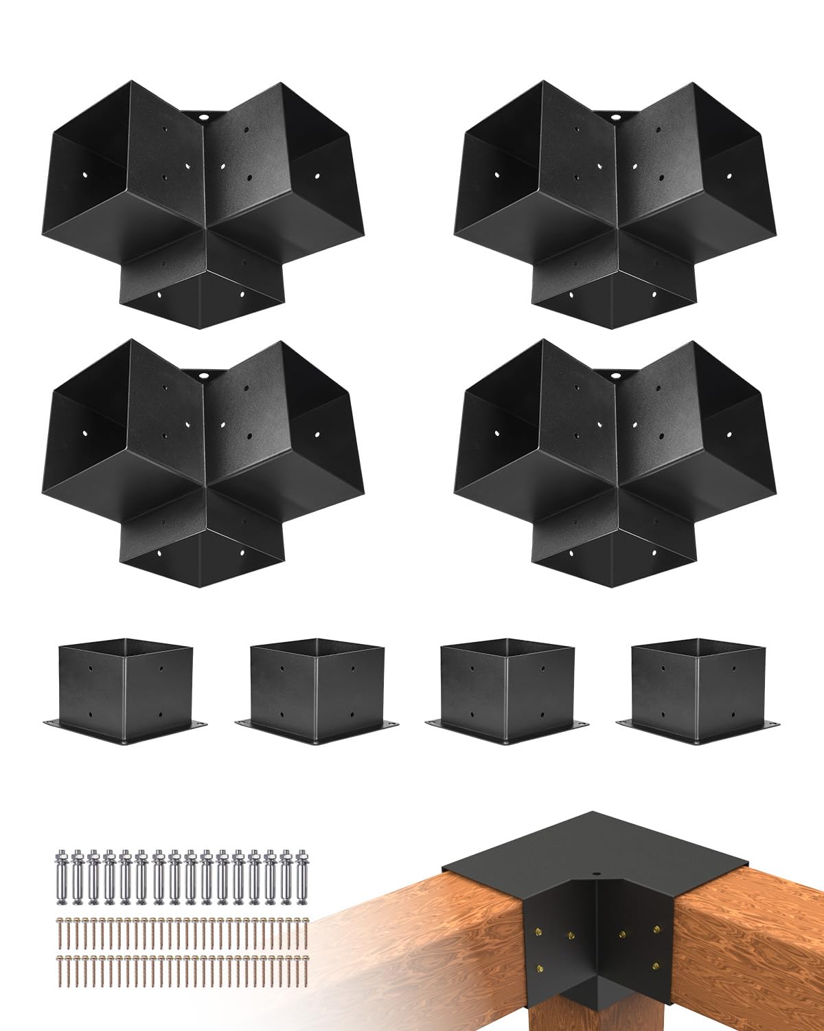 Photo 1 of VEVOR Pergola Bracket Kit, 6x6 Inch (Inner Size 5.5x5.5), 4 Pcs 3-Way Heavy Duty Corner Bracket Woodworks DIY Post Base Kit, Easy Installation Wooden Beams for Gazebos, Patio Pergolas, Log Cabin