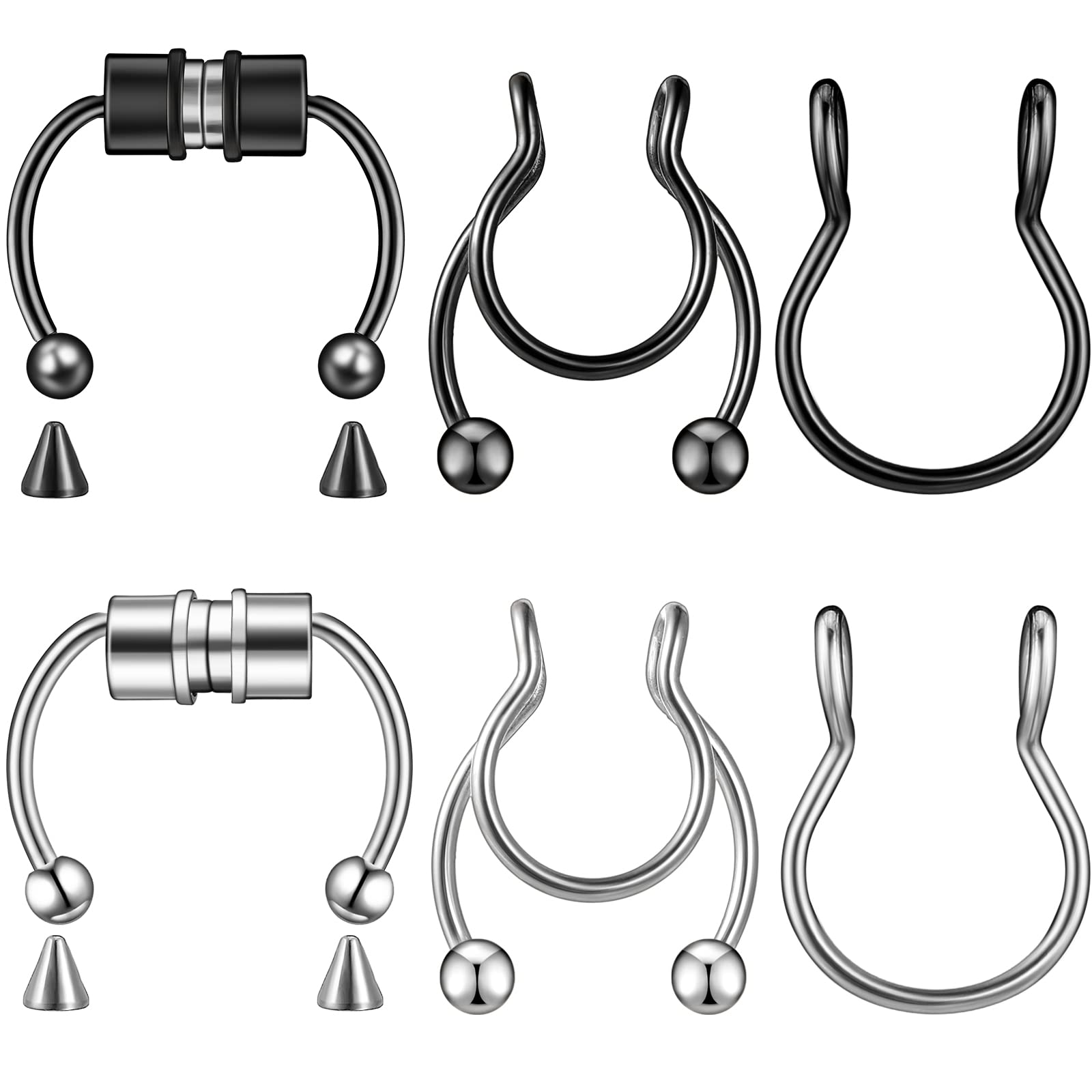 Jadive 6 Pieces Fake Magnetic Nose Rings, Stainless Steel, Non-Piercing, Clip-On, Unisex, Steel Color, Black
