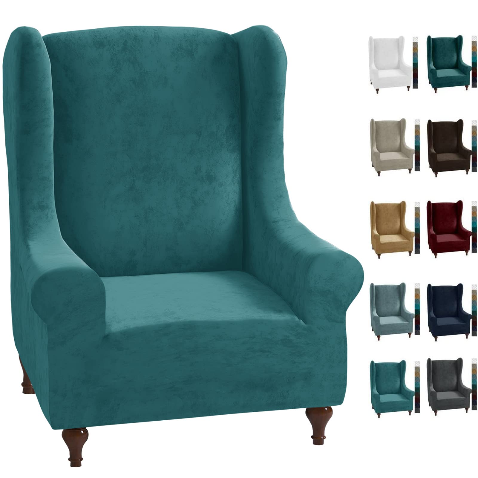 MAXIJIN Stretch Velvet Wingback Chair Slipcover 1-Piece Soft Stylish Plush Slipcovers for Wingback Chairs Thick Rich Velvet Wing Chair Cover with Elastic Bottom (Wing Chair, Peacock Blue)