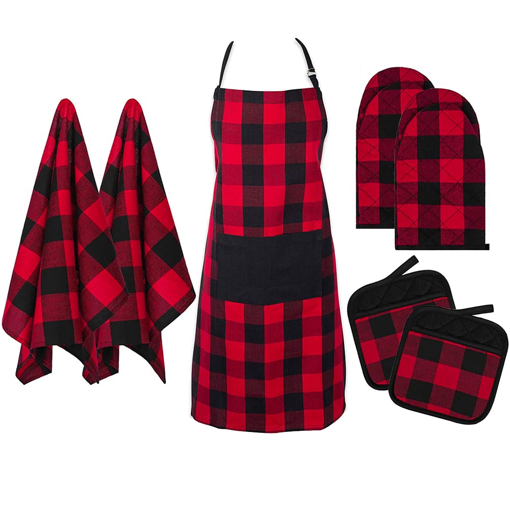 Kaxich Kitchen Apron Set Oven Mitts Pot Holders Set with Kitchen Towels, Heat Resistant Plaid Oven Gloves Tea Towels potholder Apron Set for Cooking, Grilling, Baking, Barbecue (7 Pieces)