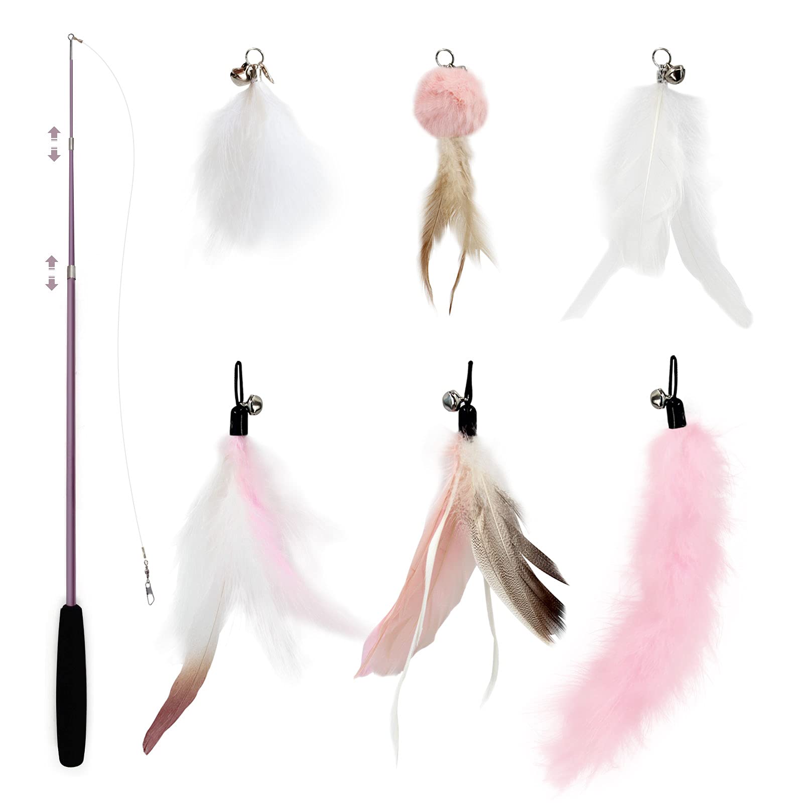 SONGWAY Cat Feather Stick Toy - 7 PCS Cat Feather Toys, 1 Teaser Wand with 6 Feather Refills with Bell, Interactive Cat Toy Wand for Indoor Cats and Kittens, Pink