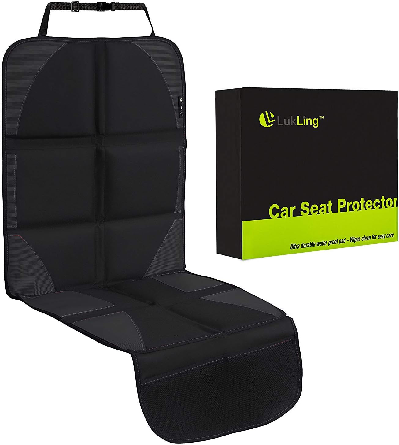 LuklingCar Seat Protector with Thickest and Largest Pad for Leather Seats in Luxury Cars ­- 2 Mesh Organizer Pockets -­ Works Great with Children and Pets, (Black with Black Stitching)