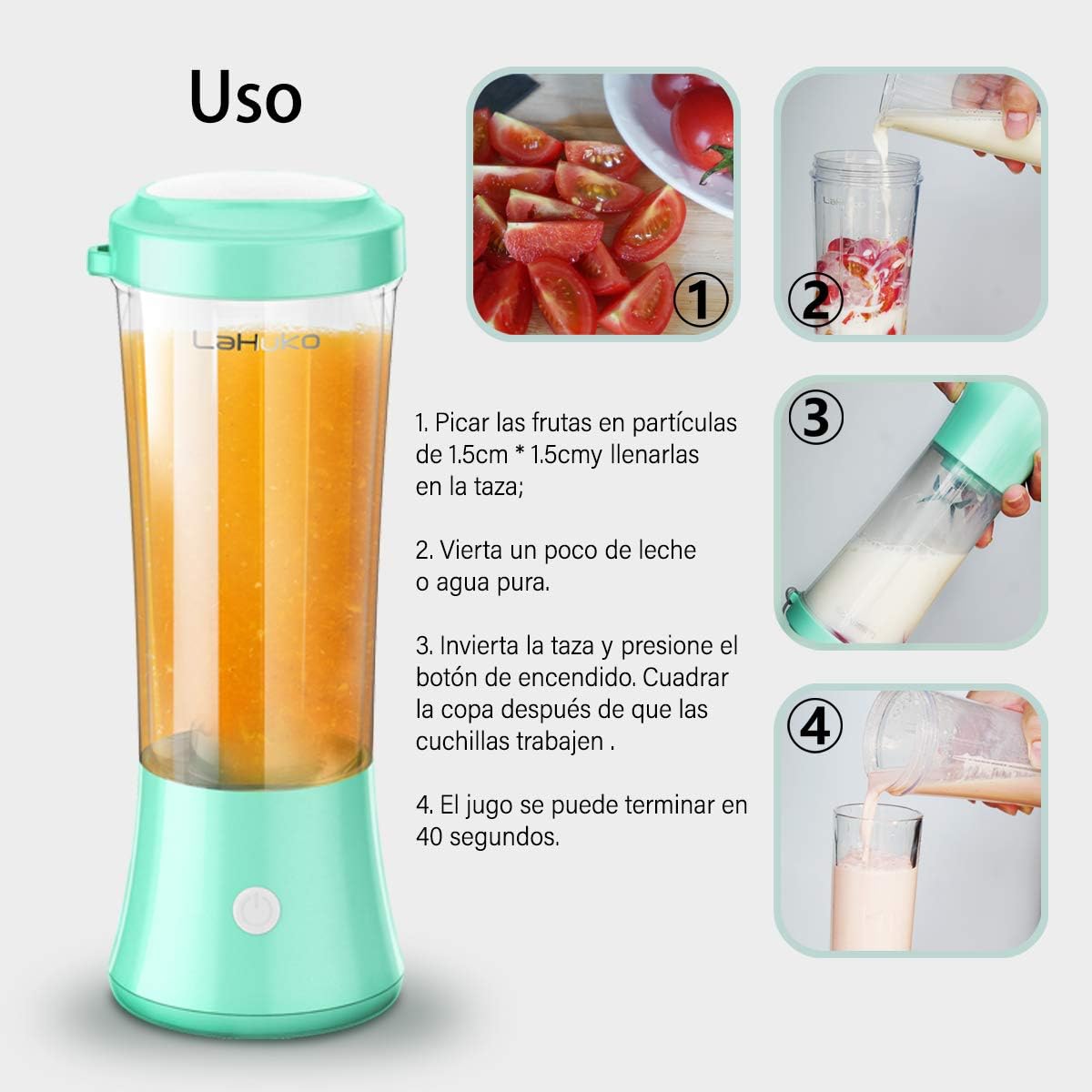 Lahuko Licuadora Portátil USB Recargable, Batidora de Vaso ...