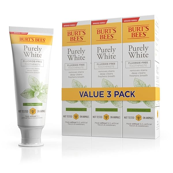 BURT’S BEES TOOTHPASTE, NATURAL FLAVOR, FLUORIDE-FREE, PURELY WHITE, ZEN PEPPERMINT, 4.7 OZ, PACK OF 3
