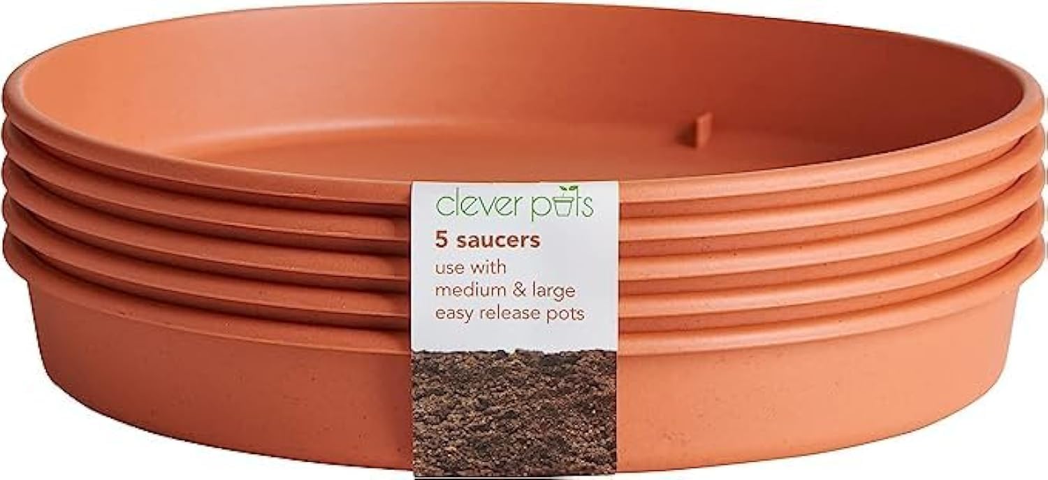 Clever Pots Plant Pot Saucers, 40x Round Saucers for use with Medium and Large Easy Release Pots, Indoor and Outdoor Plastic Plant Saucer, Weather Resistant & Lightweight Plant Saucers, Terracotta