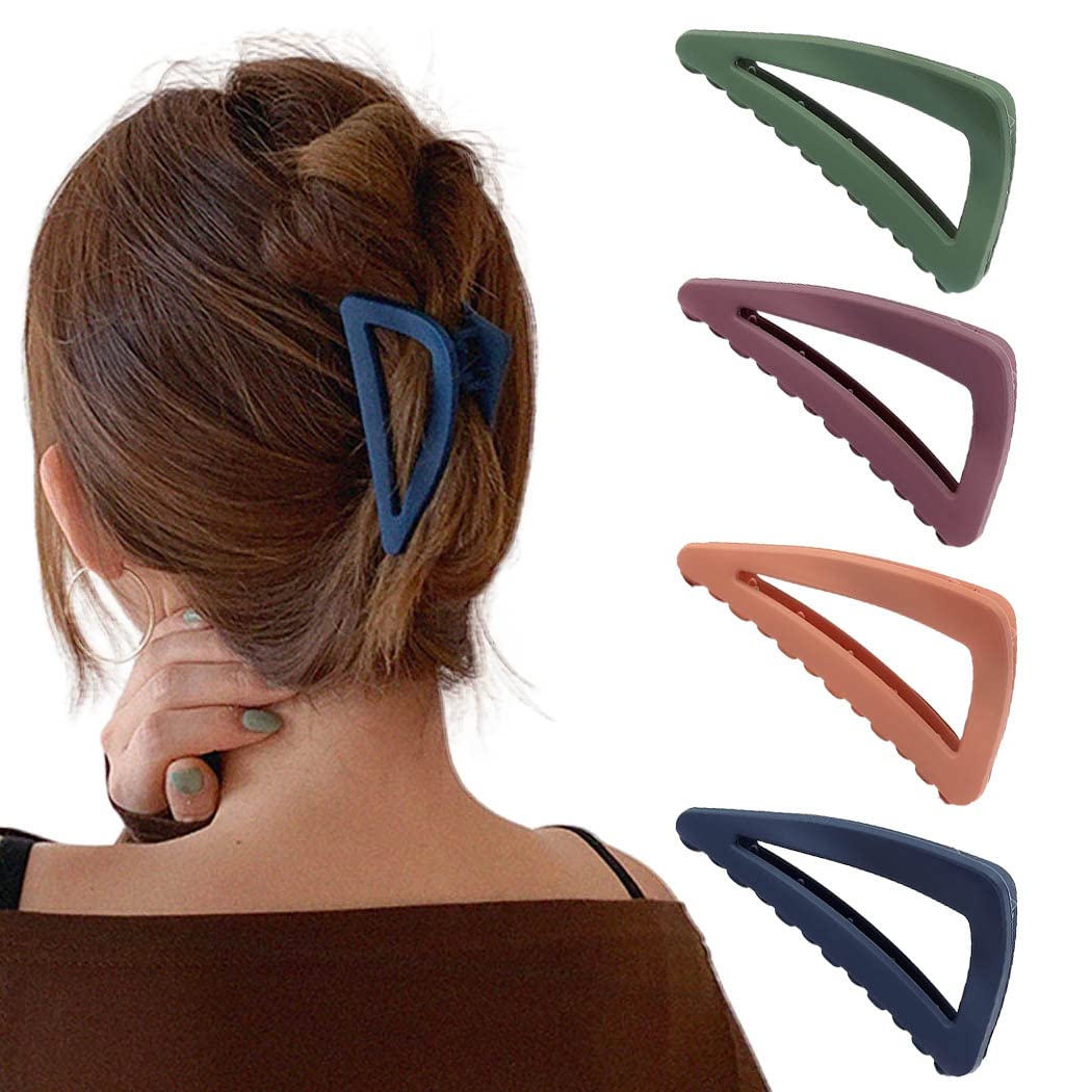 IYOU French Matte Hair Claw Blue Plastic Triange Hair Claw Grips Medium Nonslip Hair Jaw Clips for Women and Girls(4 Pcs)