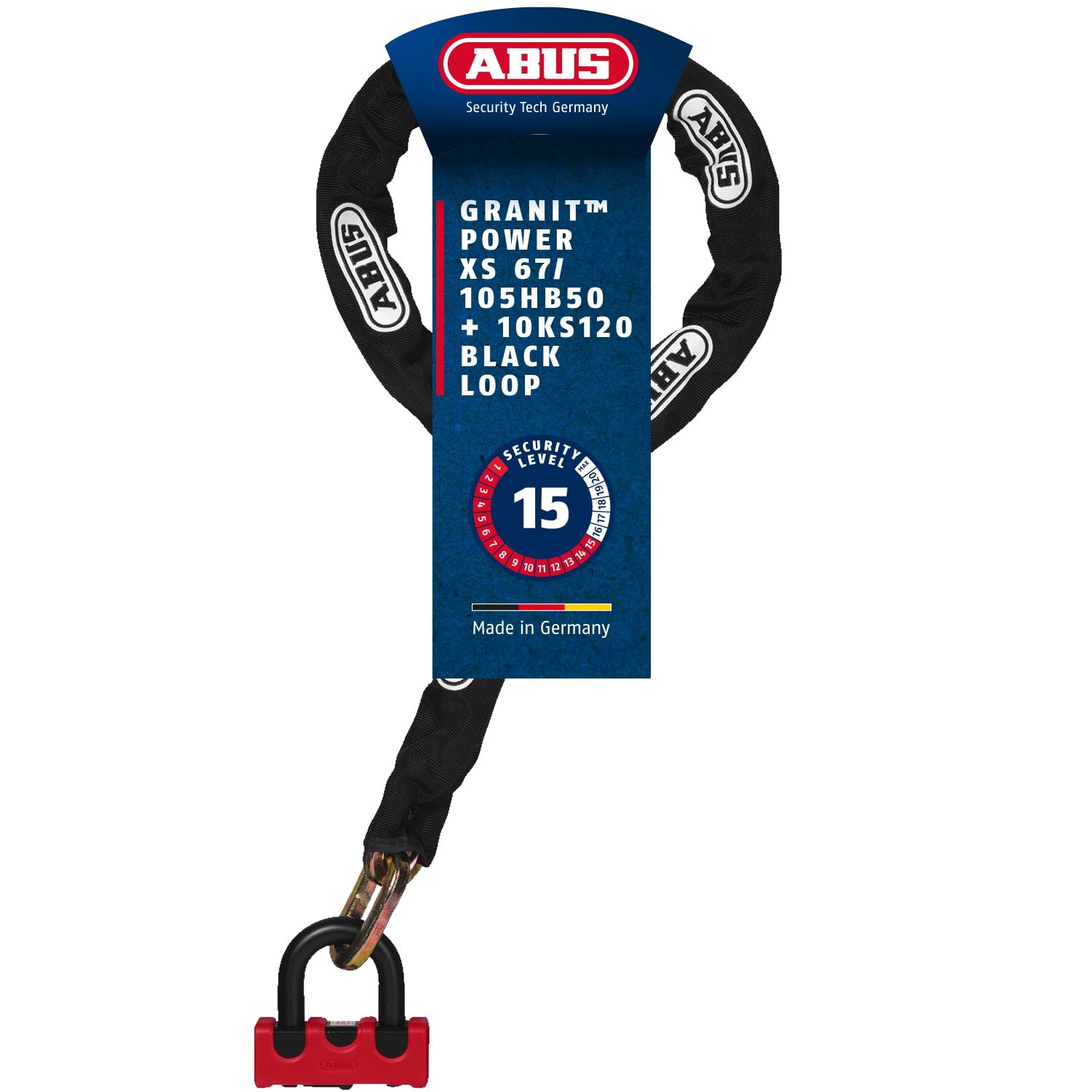 ABUS lock and chain combination - Granit Power XS 67/105HB50 + 10KS120 black loop - Motorbike lock with security level 16 - Red