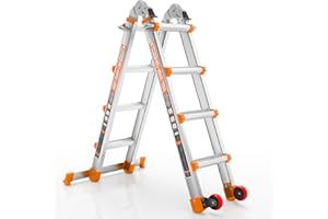 Wolec Telescoping A-Frame Ladder- 14FT Folding Extension Ladder with Wheels & Stabilizer Bar, 330lb Security Load Multi Position Ladders for Stairs Home Indoor Outdoor Roof