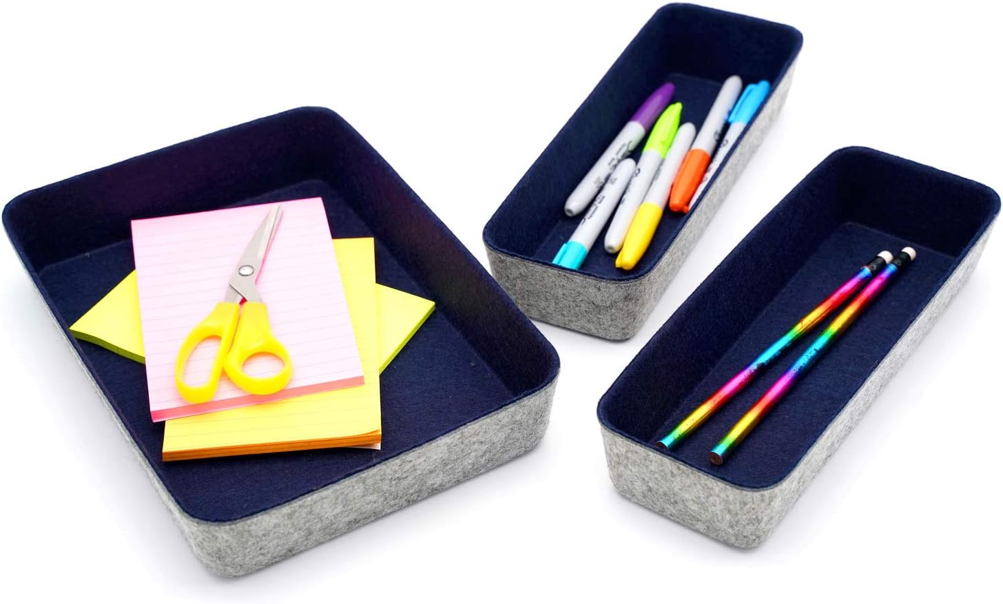 Welaxy Drawer Organizers dividers Storage Bins Office Organizer bin for Kids Women Men's Accessories Keys Holder Junk organise, Pack of 3 (Navy, 10.2x3.5x1.8in + 10.6x7.5x1.8in)