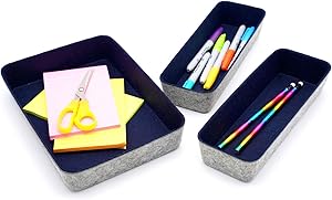 Welaxy Drawer Organizers dividers Storage Bins Office Organizer bin for Kids Women Men's Accessories Keys Holder Junk organise, Pack of 3 (Navy, 10.2x3.5x1.8in + 10.6x7.5x1.8in)