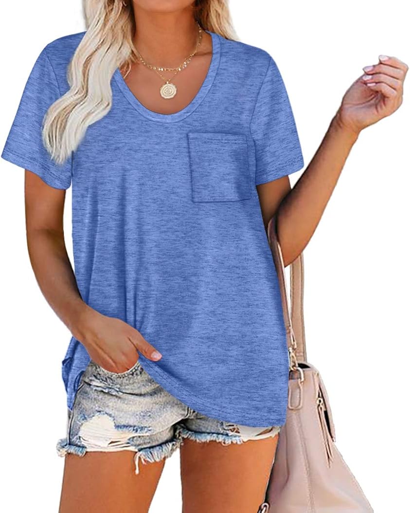 WIHOLL Women Summer T Shirts Short Sleeve Rounded V Neck Pocket Tee Tops: Clothing