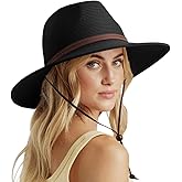 DRESHOW Women Straw Panama Hat Travel Fedora Beach Sun Hat Summer Wide Brim Straw Roll up Hat UPF 50+