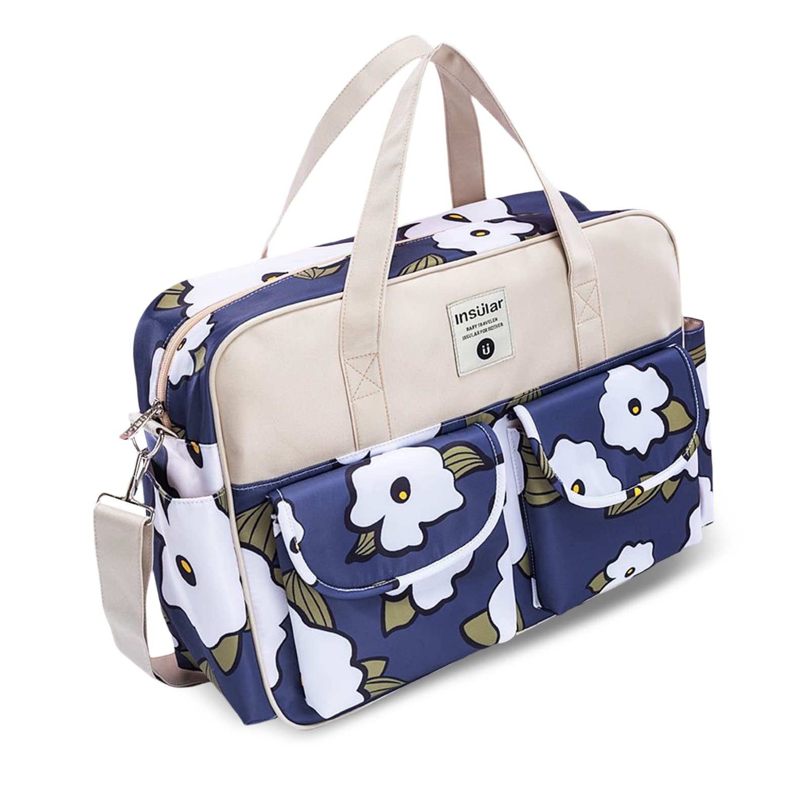 SONARIN Large Capacity Baby Nappy Changing Tote, Multi-Function Waterproof Baby Satchel Messenger Travel Diaper Bag with Shoulder Strap & Changing Mat (Blue White Flowers)