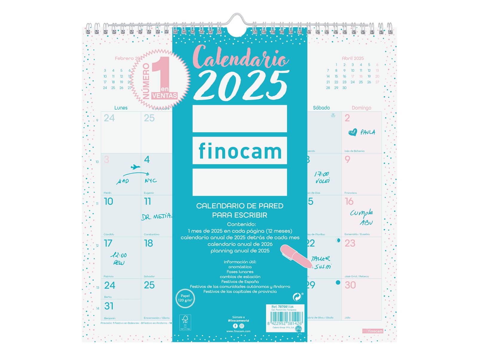 Finocam - Chic Wall Calendar to Write 2025 Month View January 2025 - December 2025 (12 months) Chic Turquoise Spanish