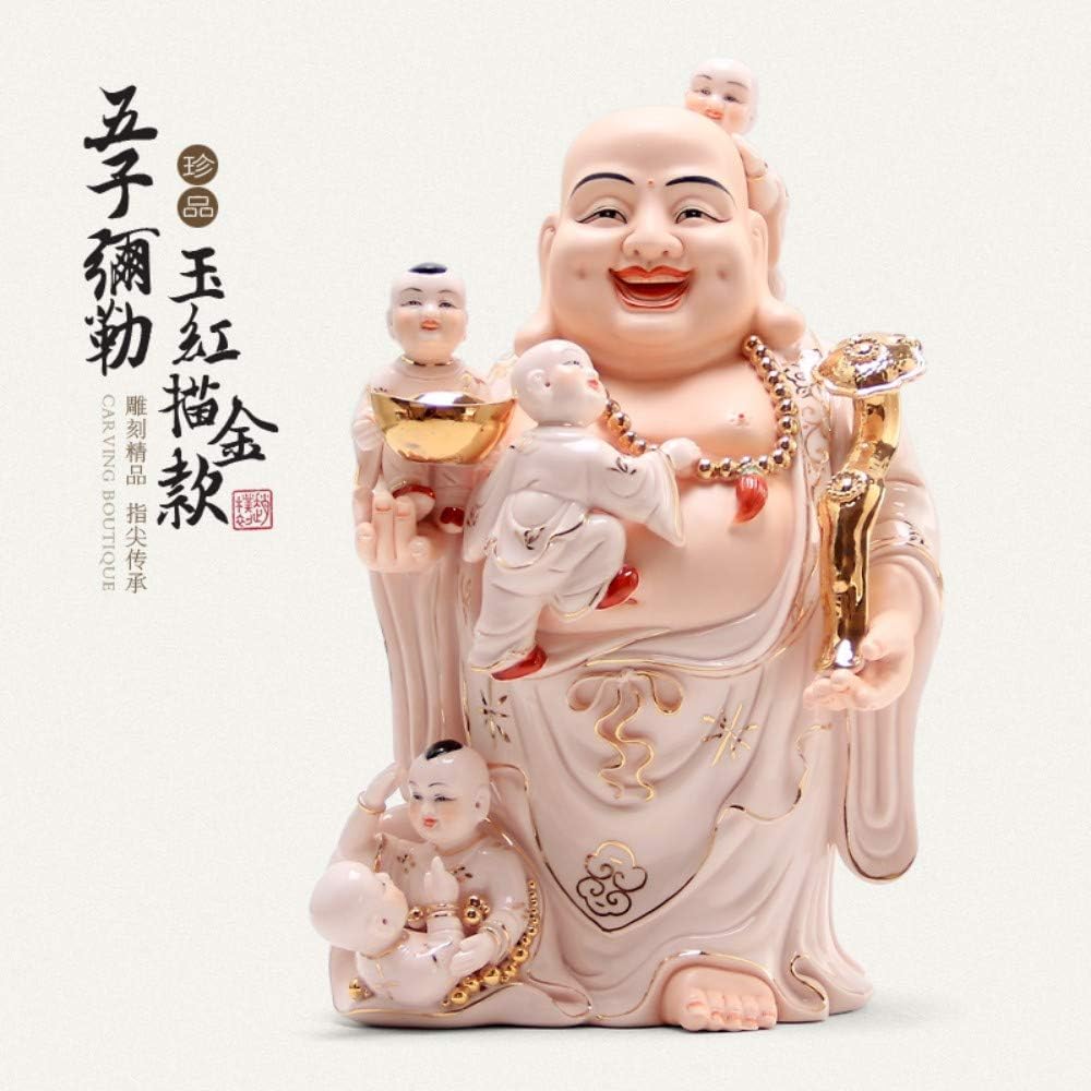 Laughing Buddha Statue For Good Luck Wealth And Happiness, Handmade Chinese Ceramic Porcelain Standing Buddha Figurine For Zen Meditation,Pink Golden Maitreya And 5 Kids For Car Home Desk Decor