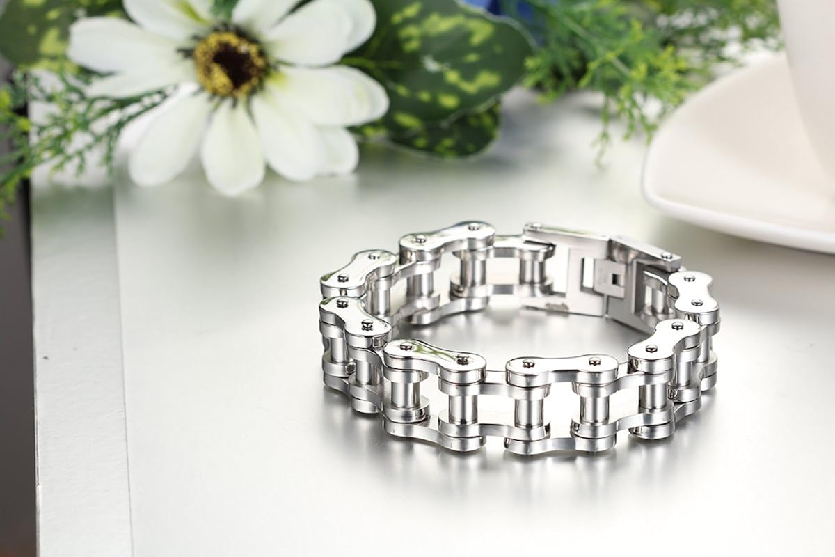 JewelryWe Men's Bike Chain Bracelet: Bold Chunky Stainless Steel Bicycle Link Wristband Biker Bracelets for Men - Image 4