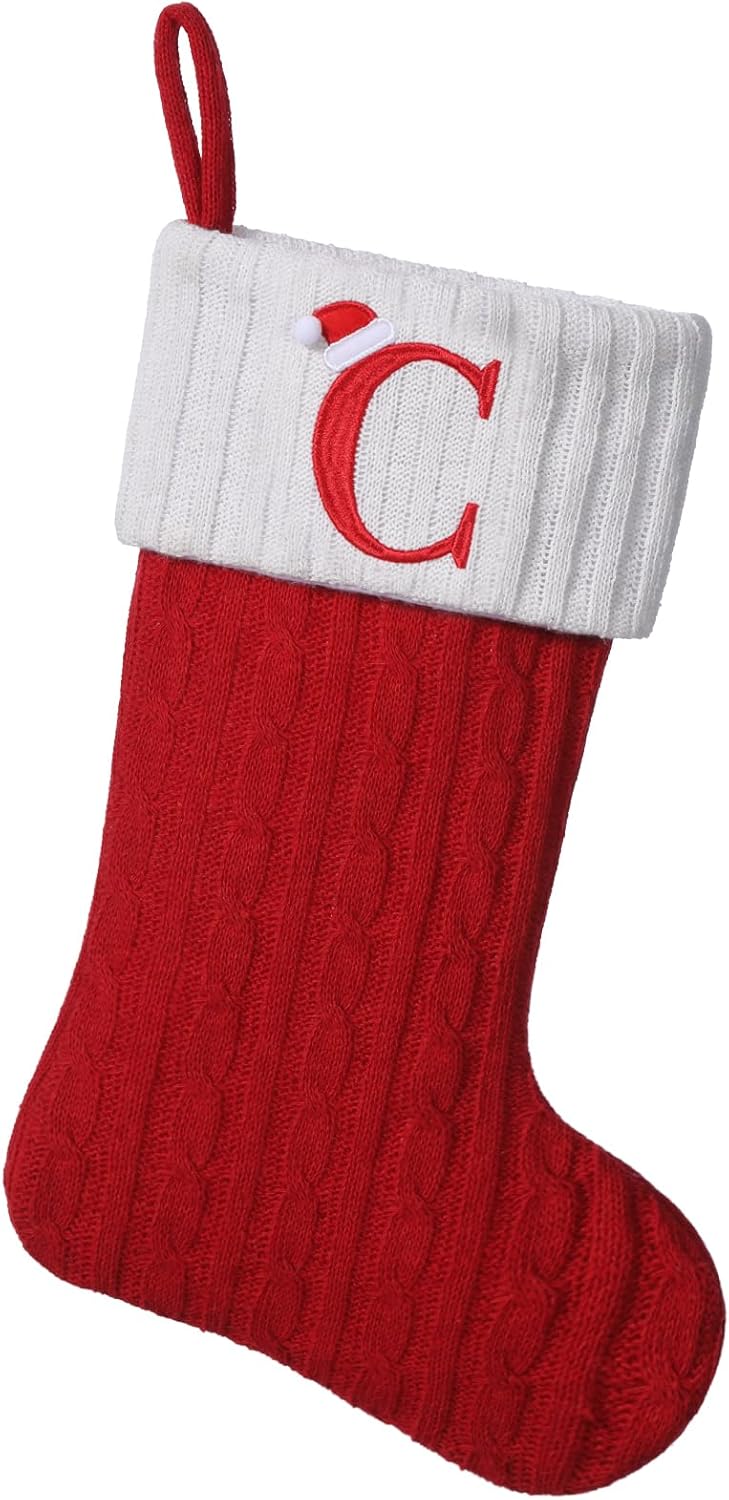 Stockings & Holders - Yehnois 19.5-inch Red Knit Monogram Christmas Stockings,Personalized Initial Christmas Stocking, Family Holiday Xmas Party Decor (Letter C)