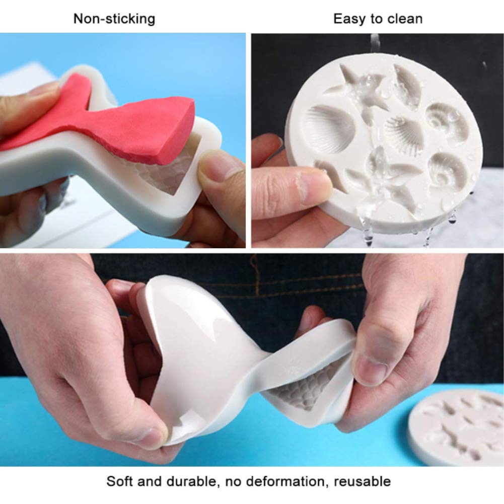 Koogel 21pcs Marine Theme Fondant Silicone Mold,Mermaid Chocolate Mold Mermaid Tail Mold Seahorse Dolphin Seashell Starfish Mold for Cake Decoration Candy Polymer Clay Sugar Craft