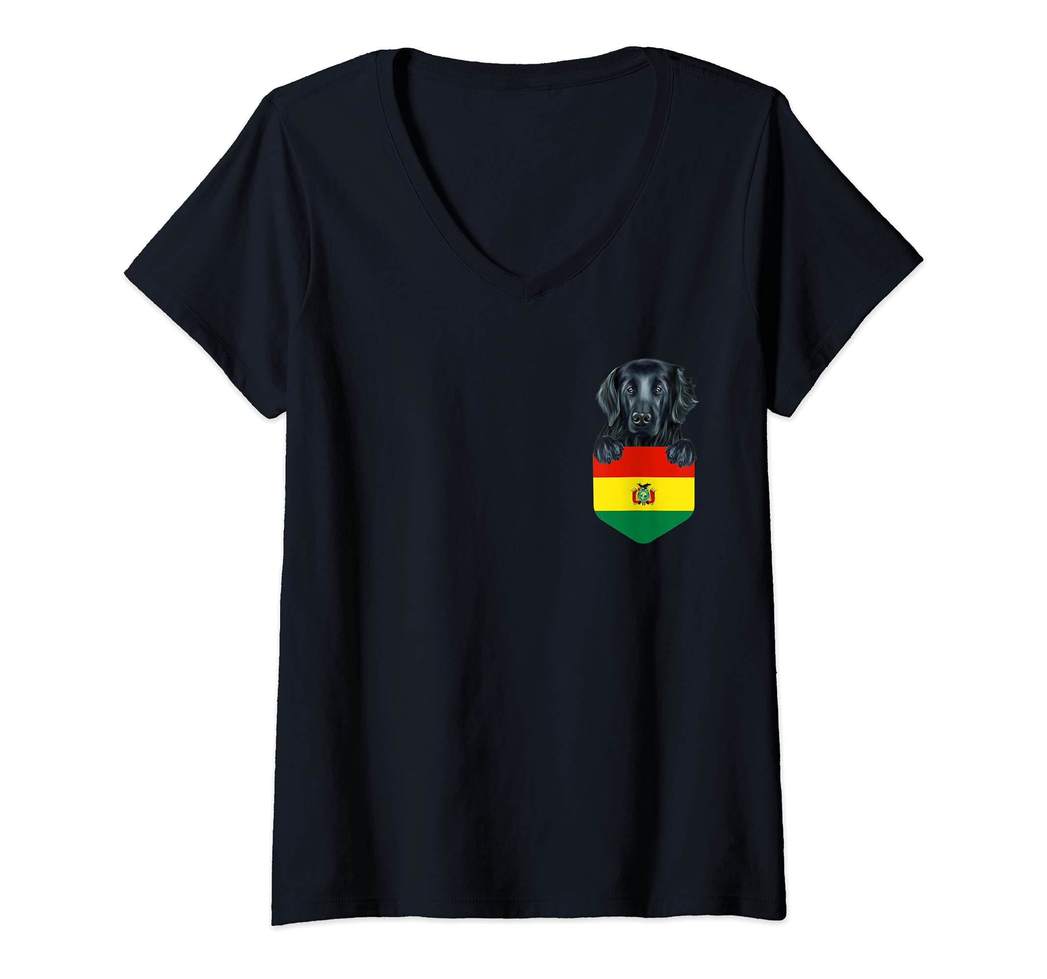 Womens Bolivia Flag Flat-Coated Retriever Dog In Pocket V-Neck T-Shirt