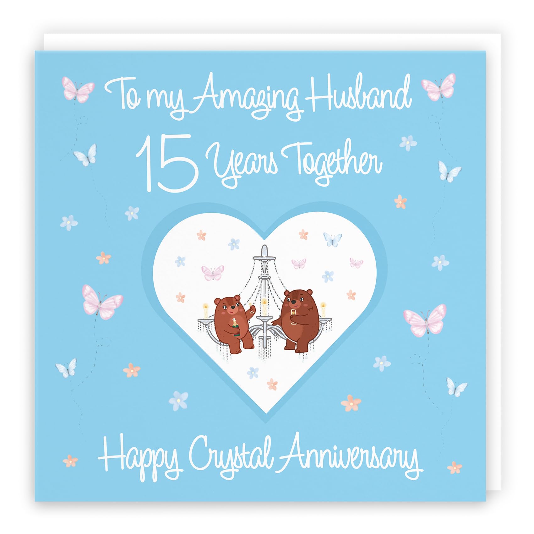 Hunts England - Large Husband 15th Anniversary Card - 15 Years - Crystal Anniversary - Romantic Meadows - Fun Card - Fifteenth Anniversary Card For Husband - 210 x 210 mm