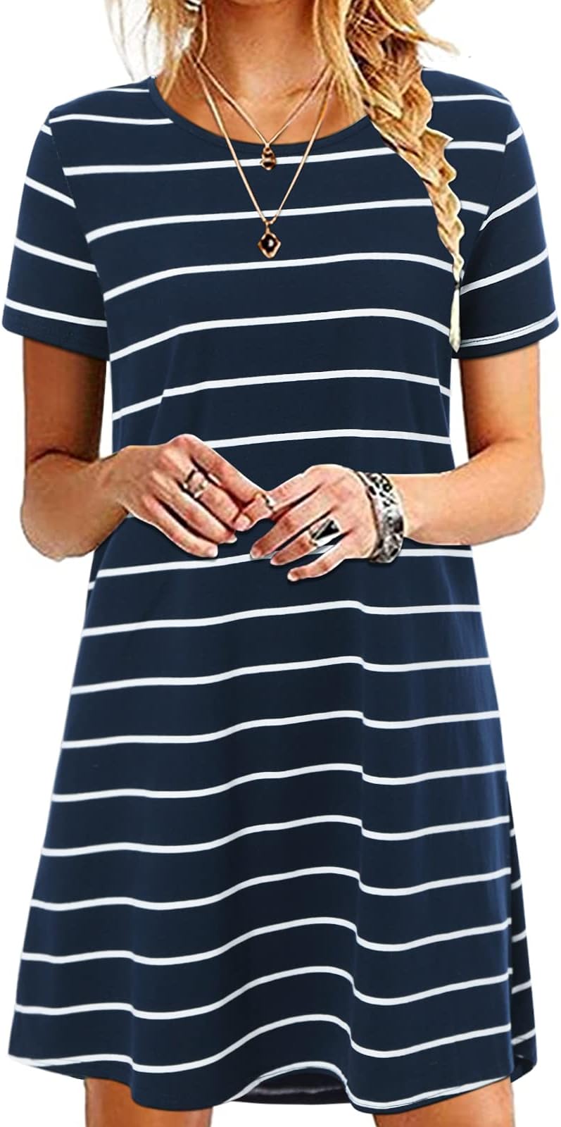 Womens Striped Dress Casual T Shirt Dress Summer Dress A Line Mini Dresses