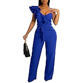 kaimimei Womens Casual Jumpsuits V-Neck Sleeveless Ruffle Backless Belted Wide Leg Pant Sexy Romper Party Clubwear