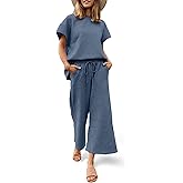 Fazortev Womens 2 Piece Outfits Sweatsuit Short Sleeve Tops and Drawstring Waist Cropped Wide Leg Pants Loungewear Sets