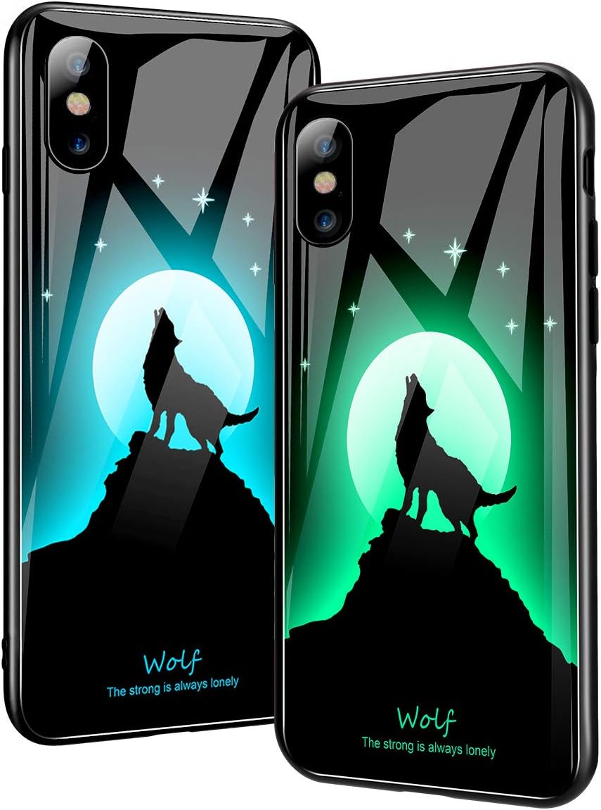 Fit iPhone X Case and iPhone Xs Case,Luminous Noctilucent Tempered Glass Back Cover with Cool Pattern Glows in Dark Case with Slim Fit Soft Silicone Bumper for Girl Women Boy and Men … (Wolf)
