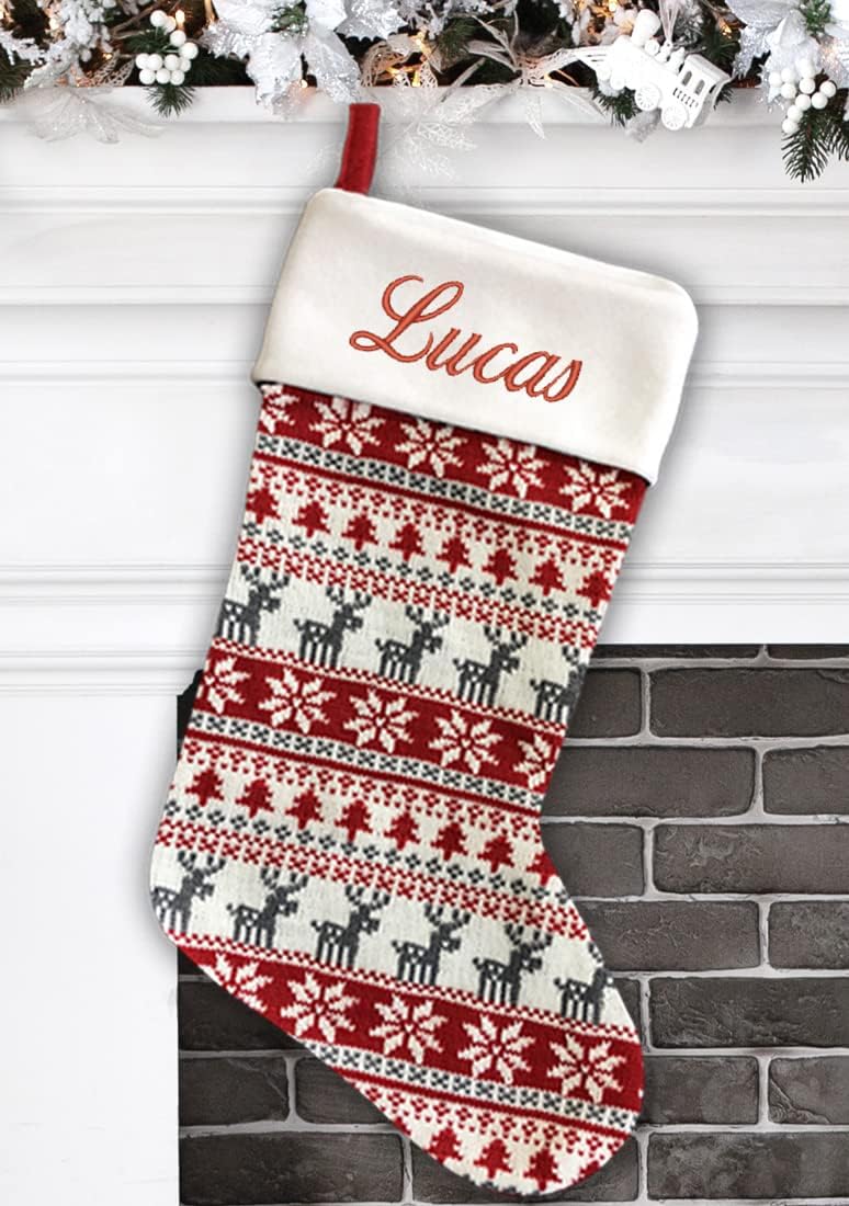 Stockings & Holders - Personalized Christmas Stocking - Knitted Red and Grey Design - Embroidered Name - Large 18.5inch, Red and Beige Color, Family Holiday Season Decor