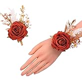 Meldel Burnt Orange Wrist Corsage and Boutonniere Set, Flower On Wrist for Bride Bridesmaid Wedding, Boutonniere for Men Groom Groomsman Wedding Accessories Prom Party Suit Decorations