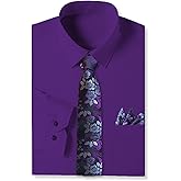 Cromoncent Mens Long Sleeve Dress Shirt and Tie Set Suit Shirt with Matching Tie and Handkerchief