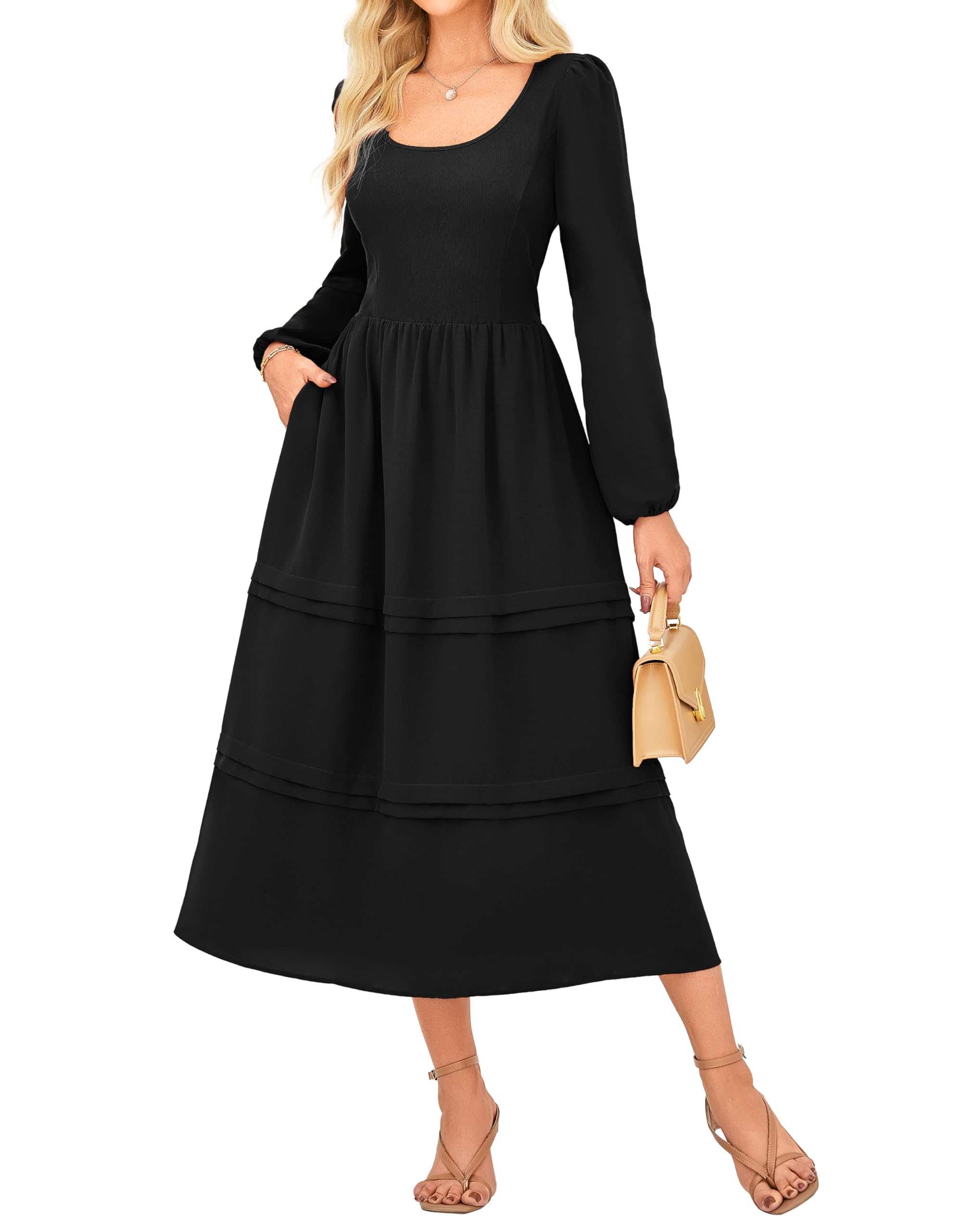 Photo 1 of ***FITS LIKE 2-3X*** GRACE KARIN Maxi Dresses for Women 2025 Fall Long Lantern Sleeve A Line Flowy Midi Dress Church Funeral Going Out Casual Dresses Black XL