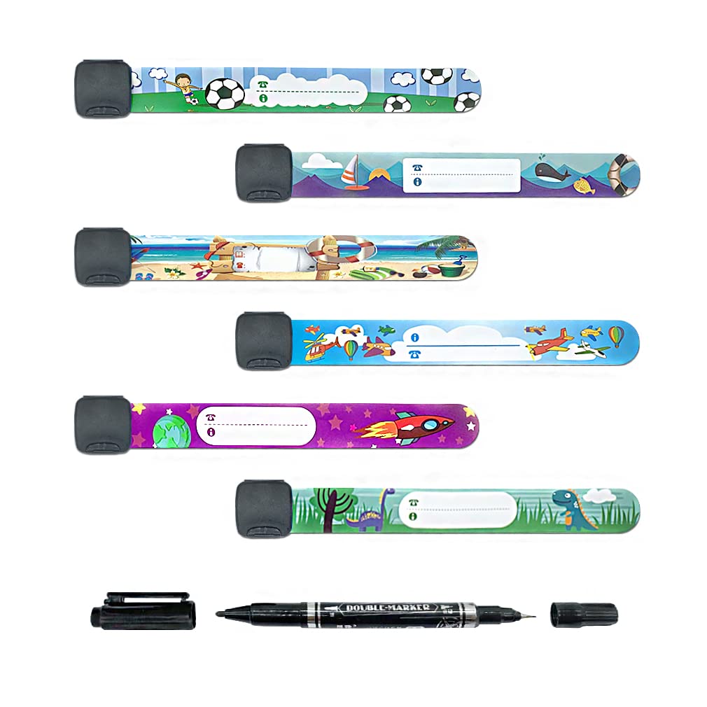 Kids ID Bracelet – 6 Pack Reusable Waterproof Safety Wristbands for Travel, School Trips, Theme Parks & Outdoor Activities – Adjustable Contact Info Bands for Boys & Girls with Marker